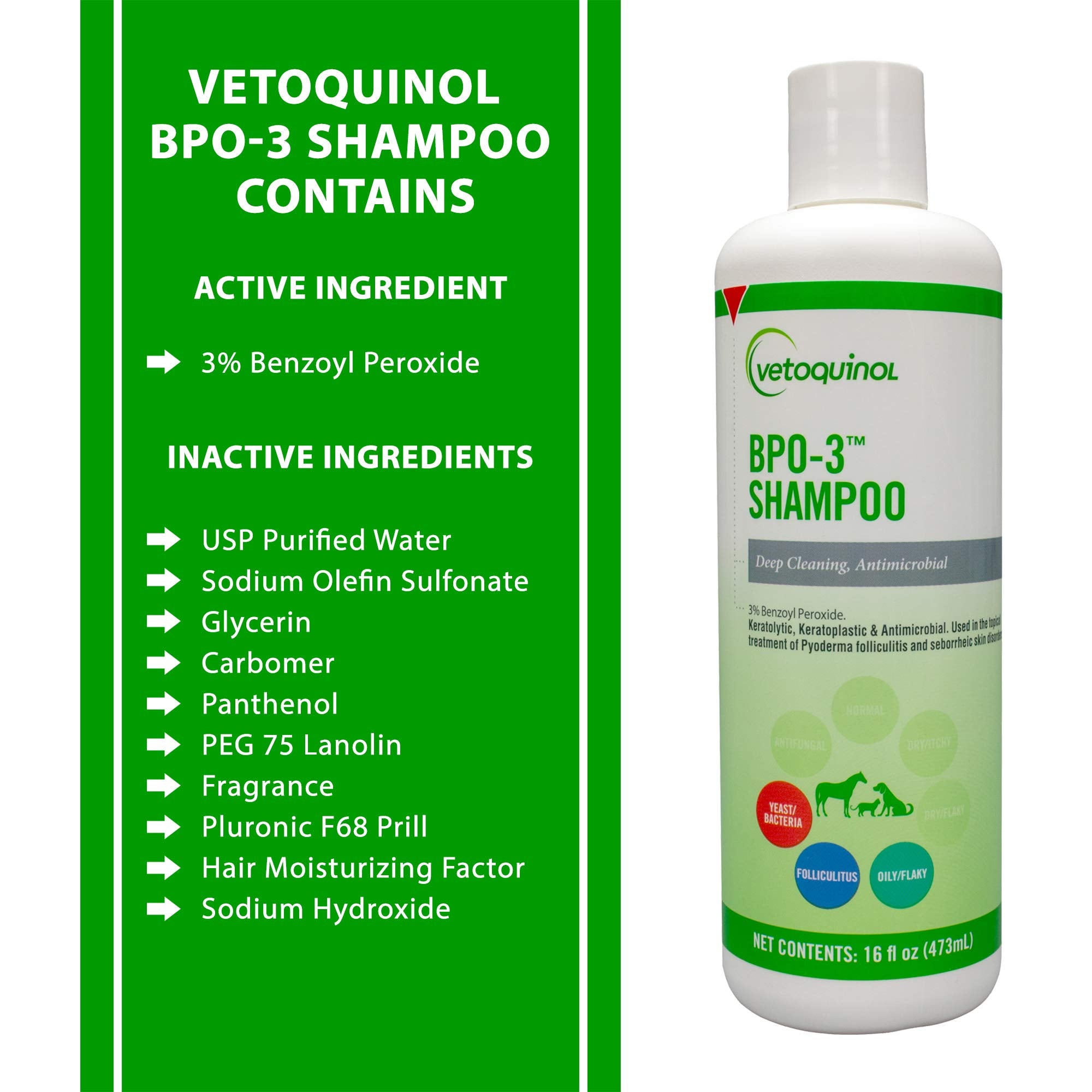 Vetoquinol BPO-3 Shampoo degreases coat for a fresher, balanced feel