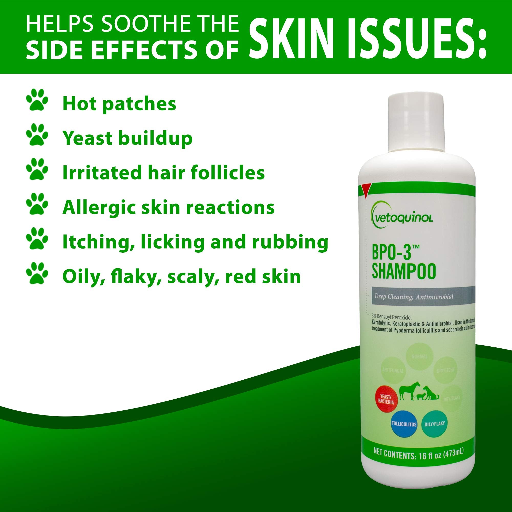 Vetoquinol BPO-3 Shampoo pet-care-scene suggests versatile use across dogs, cats, horses