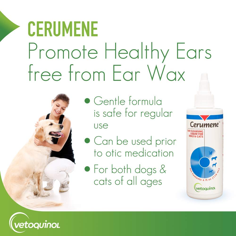 Vetoquinol Cerumene ear cleanser used on dogs for wax-softening routine