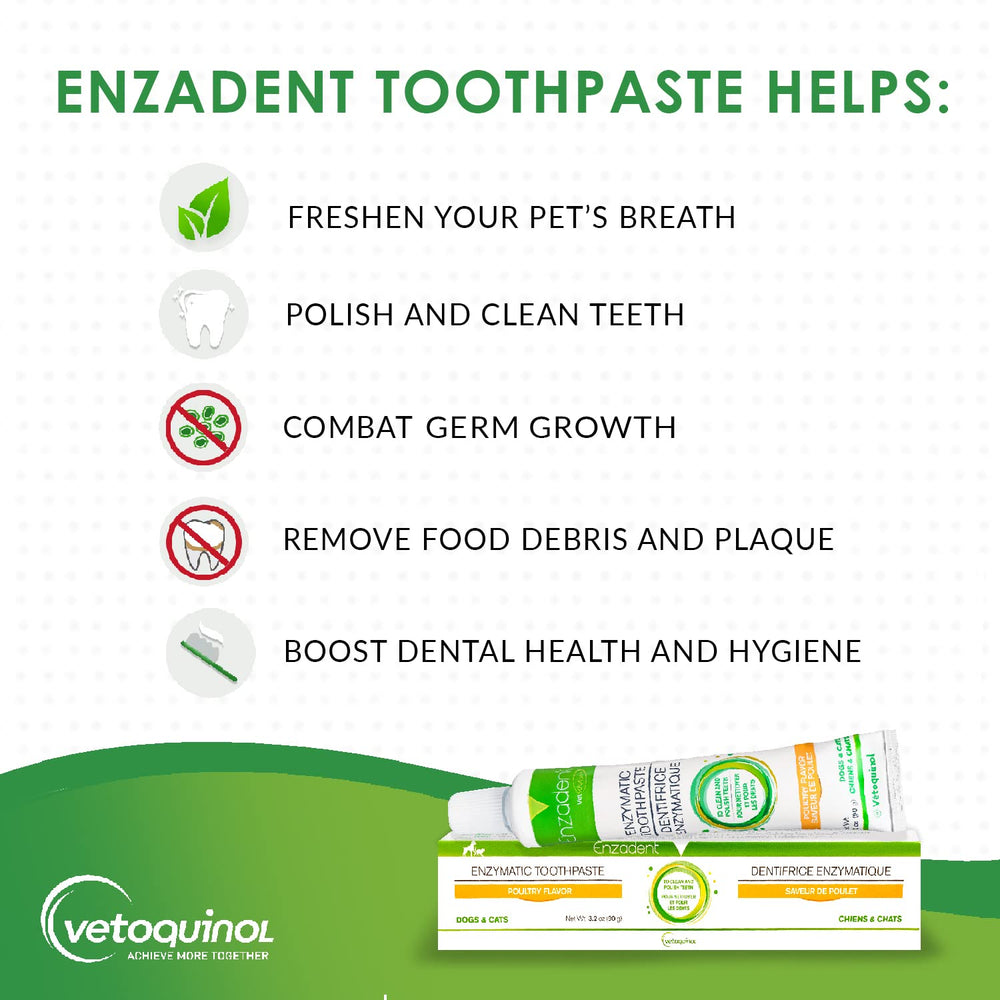 Vetoquinol Enzadent toothpaste bottle 3.2oz showing triple enzyme formula for pets.