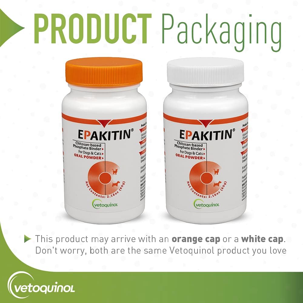 Vetoquinol Epakitin label and tub close-up communicates safe, easy-to-use phosphate management.