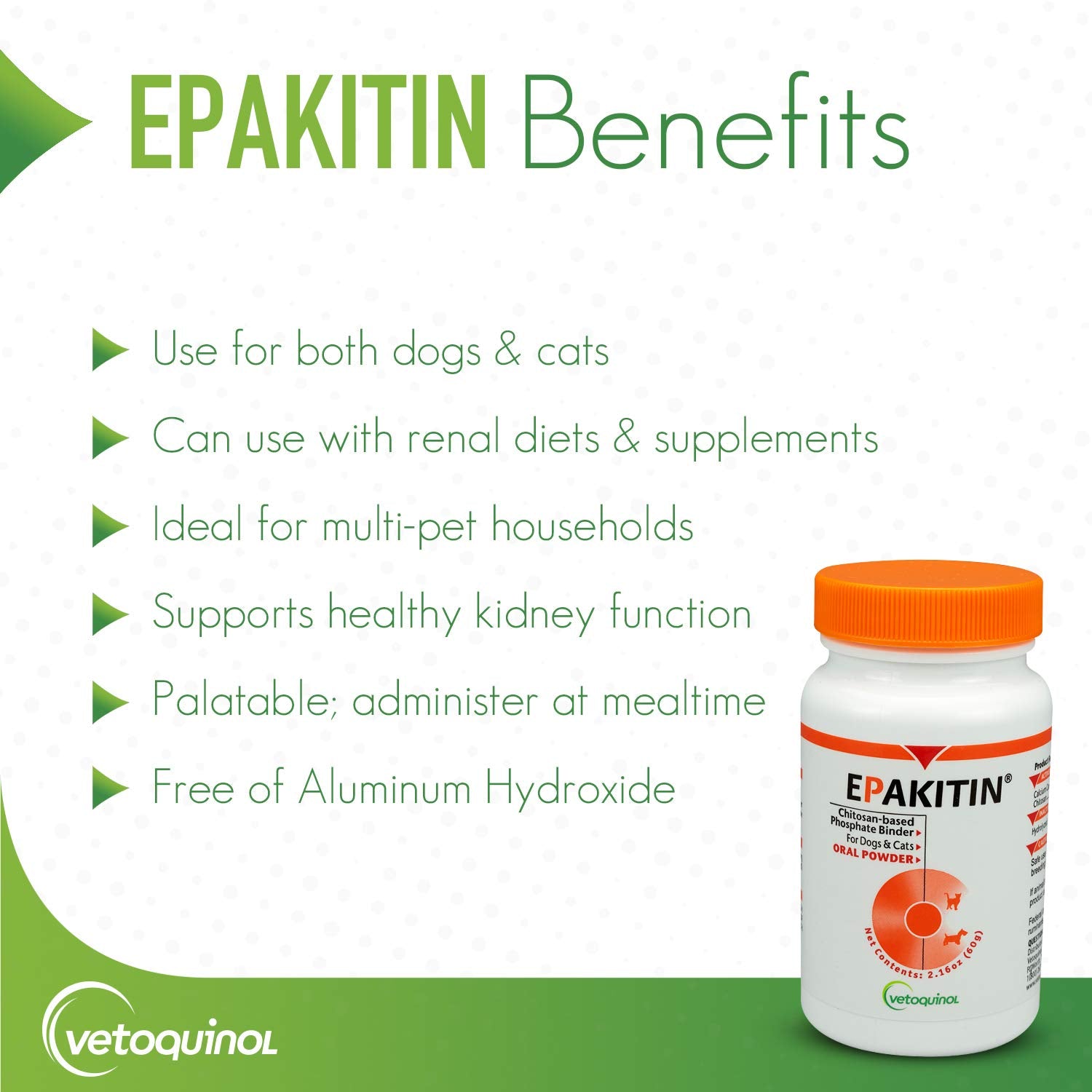 Vetoquinol Epakitin-powder-dispense shows easy dosing for daily phosphate management in cats and dogs.