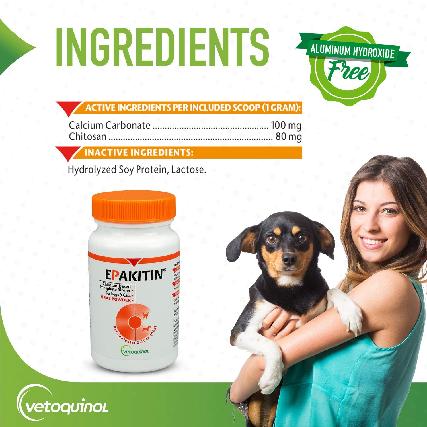 Vetoquinol Epakitin soy-protein powder image emphasizes protein nutrition aiding kidney health.