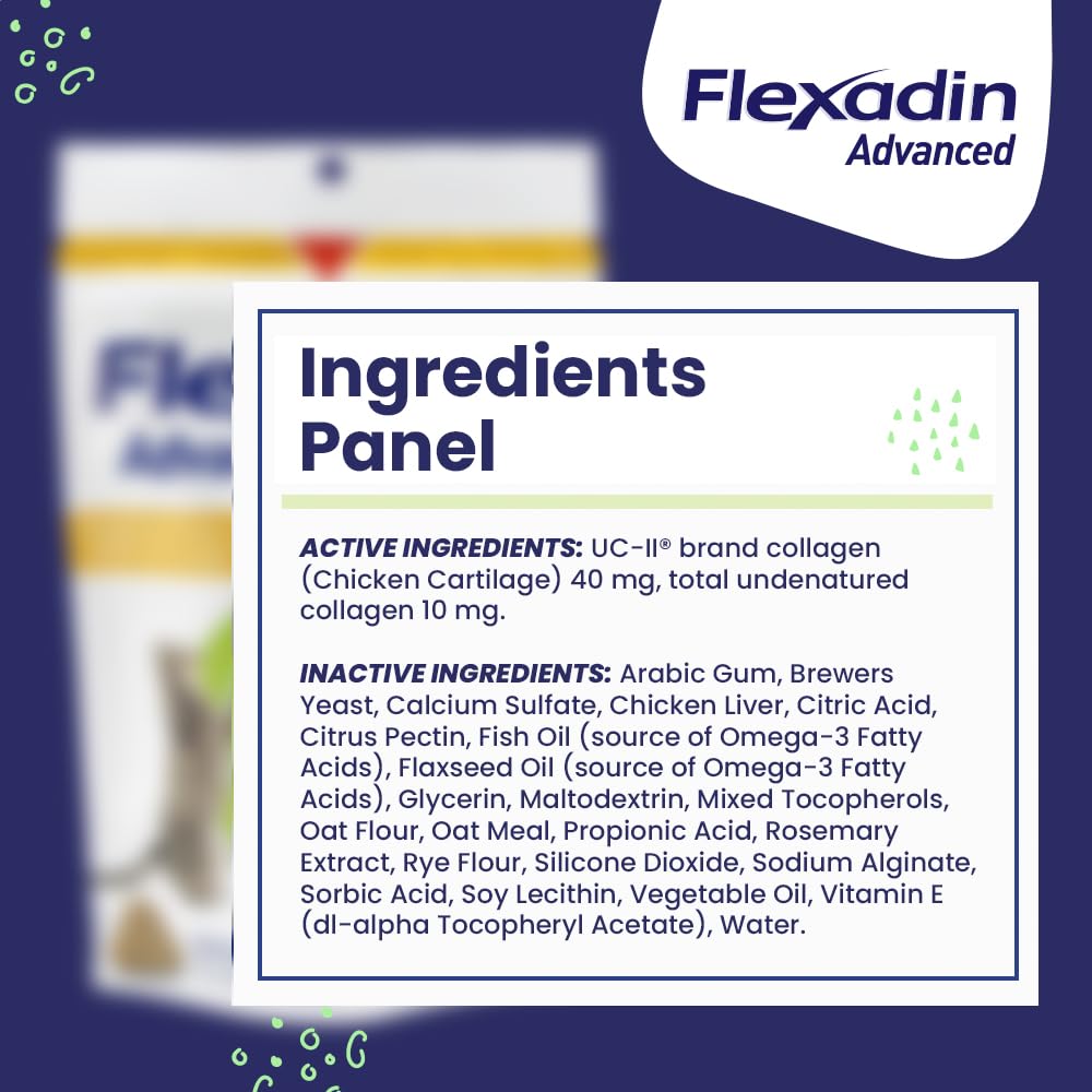 Vetoquinol Flexadin Advanced joint health graphic highlighting cartilage support benefits.