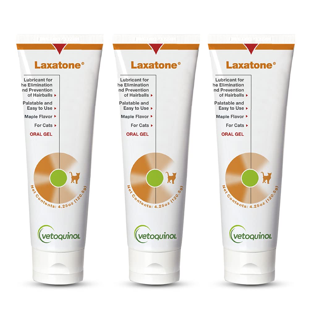 Vetoquinol Laxatone bottle pouring maple-flavored gel aids hairball passage.