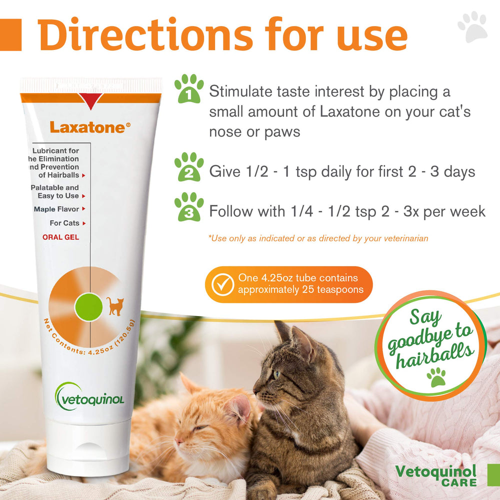 Vetoquinol Laxatone maple-flavor gel prompts cat licking, easing consumption and hairball passage.