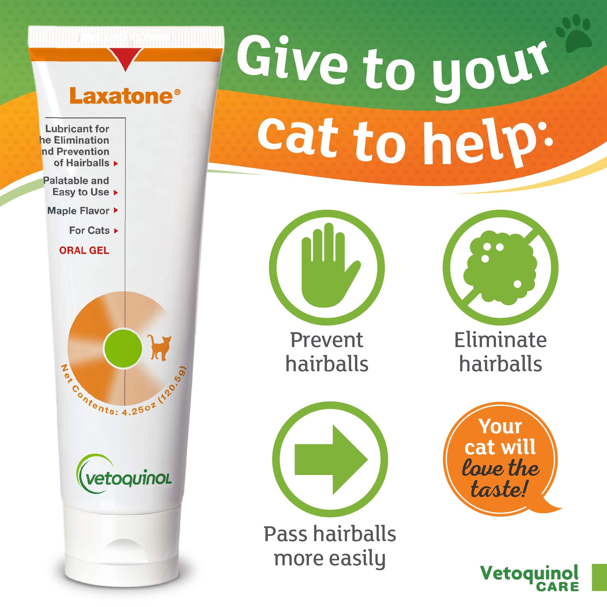 Vetoquinol Laxatone maple-flavored gel on a cat's paw offers daily hairball support.