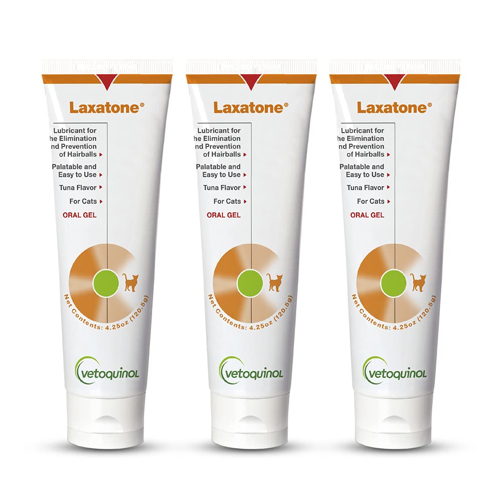 Vetoquinol Laxatone tuna gel bottle shown for easy daily use and hairball relief