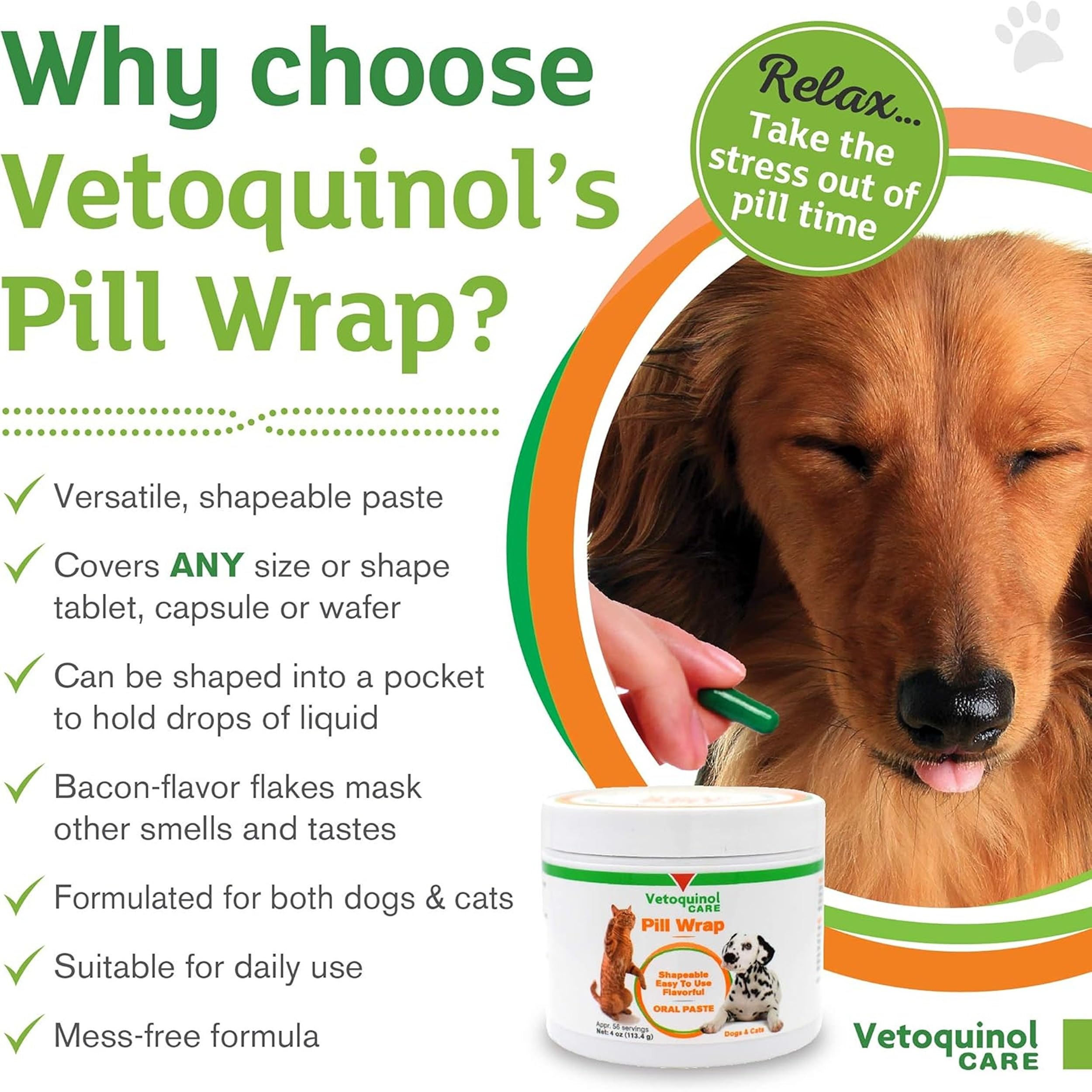 Vetoquinol Pill Wrap dog taking pill is shown as a treat.