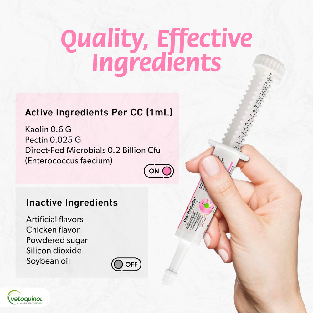 Vetoquinol Pro-Pectalin paste probiotic detail emphasizes gut-friendly bacteria.