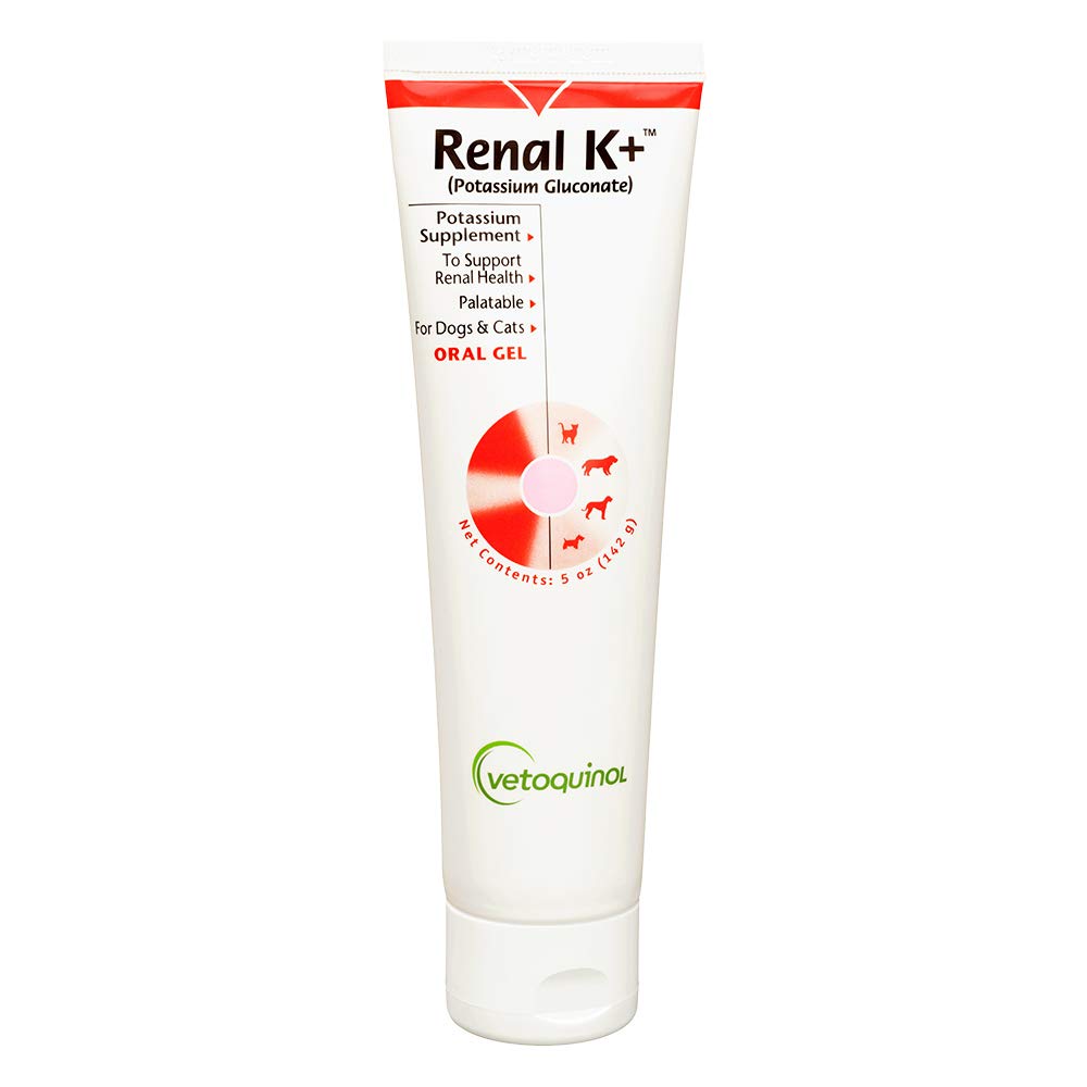 Vetoquinol Renal K+ gel bottle demonstrates palatable potassium support for kidney health.