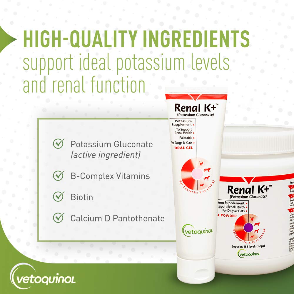 Vetoquinol Renal K+ powder dispensing shows convenient dosing with pet meals.