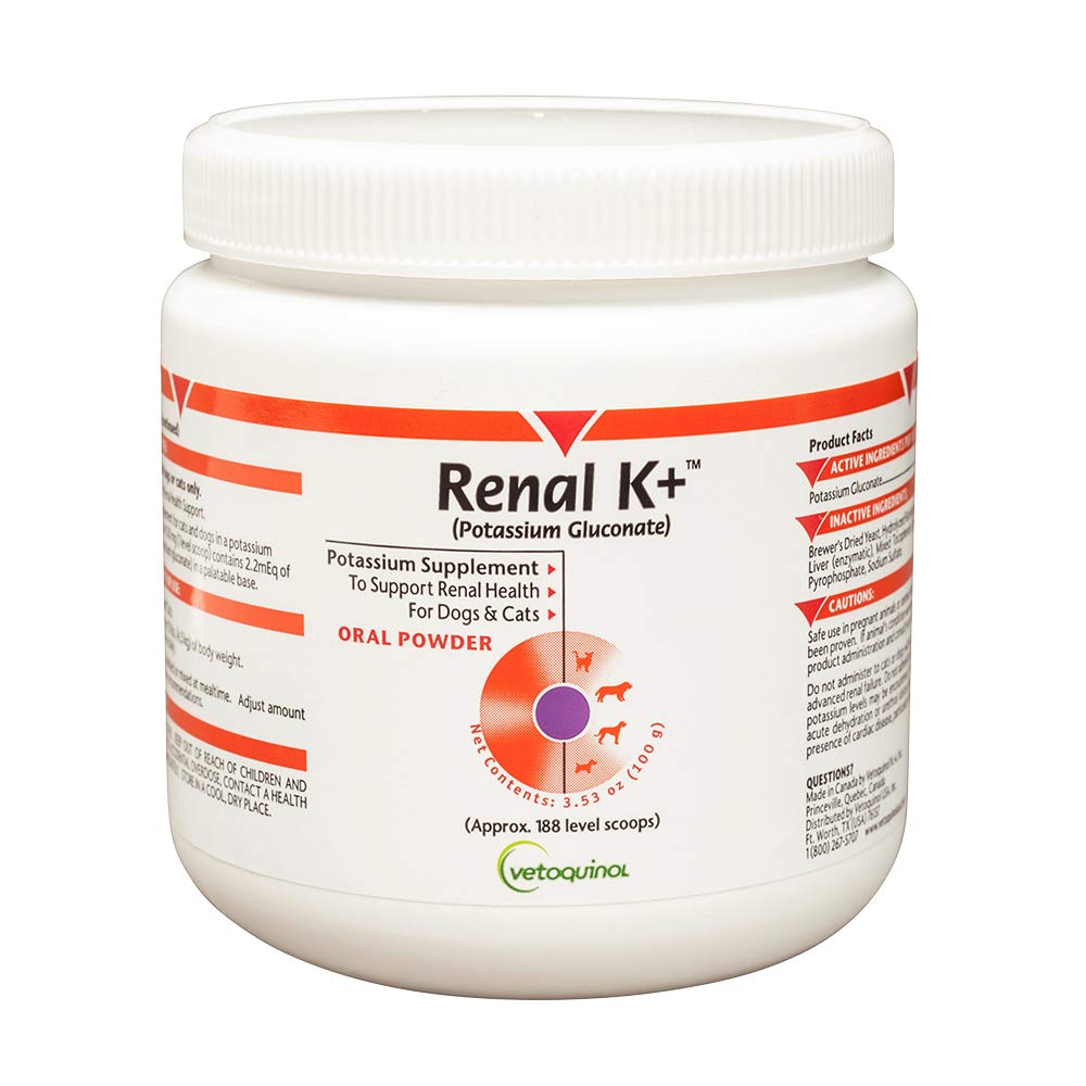 Vetoquinol Renal K+ powder bottle for pets supports renal health