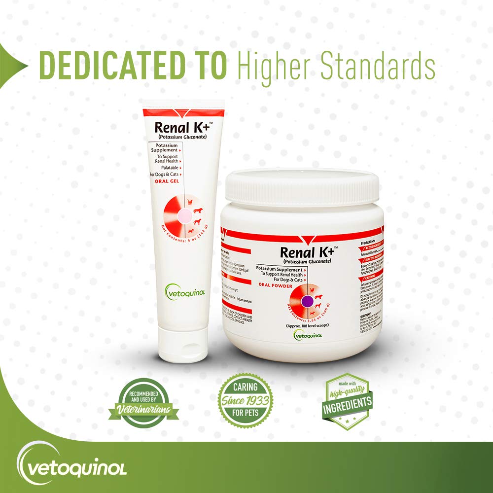 Vetoquinol Renal K+ unflavored container showcases flexible use with potassium diets