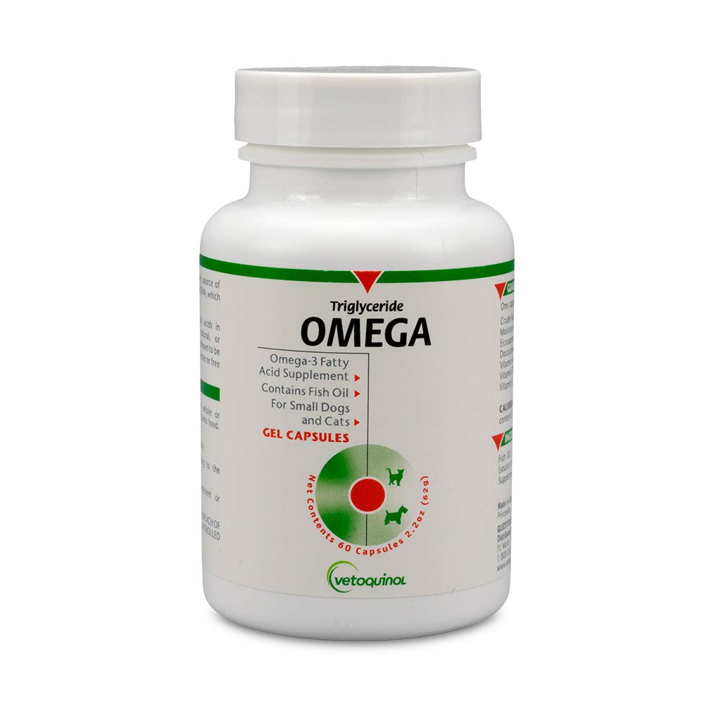 Vetoquinol Triglyceride Omega-3 capsules poured on pet food for easy supplementation.