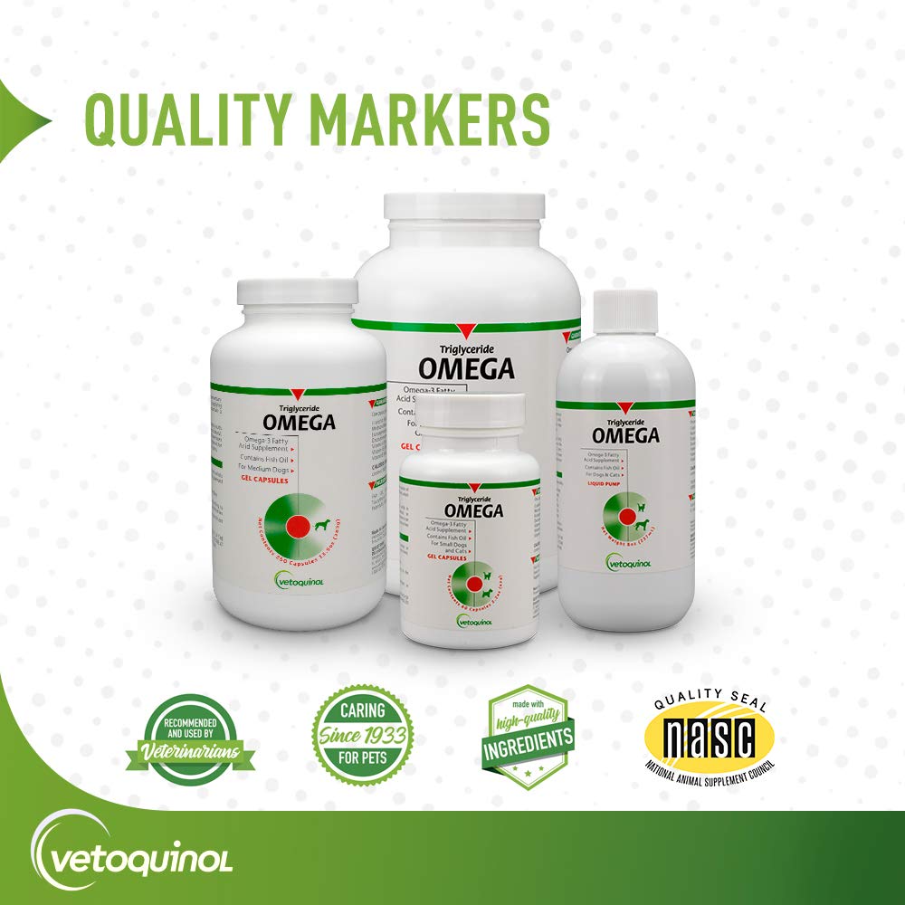 Vetoquinol Triglyceride Omega-3 bottle supporting immune health in pets.