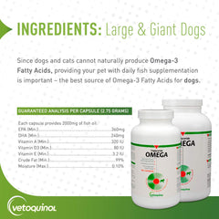 Vetoquinol triglyceride-omega-3 label shows EPA and DHA details.
