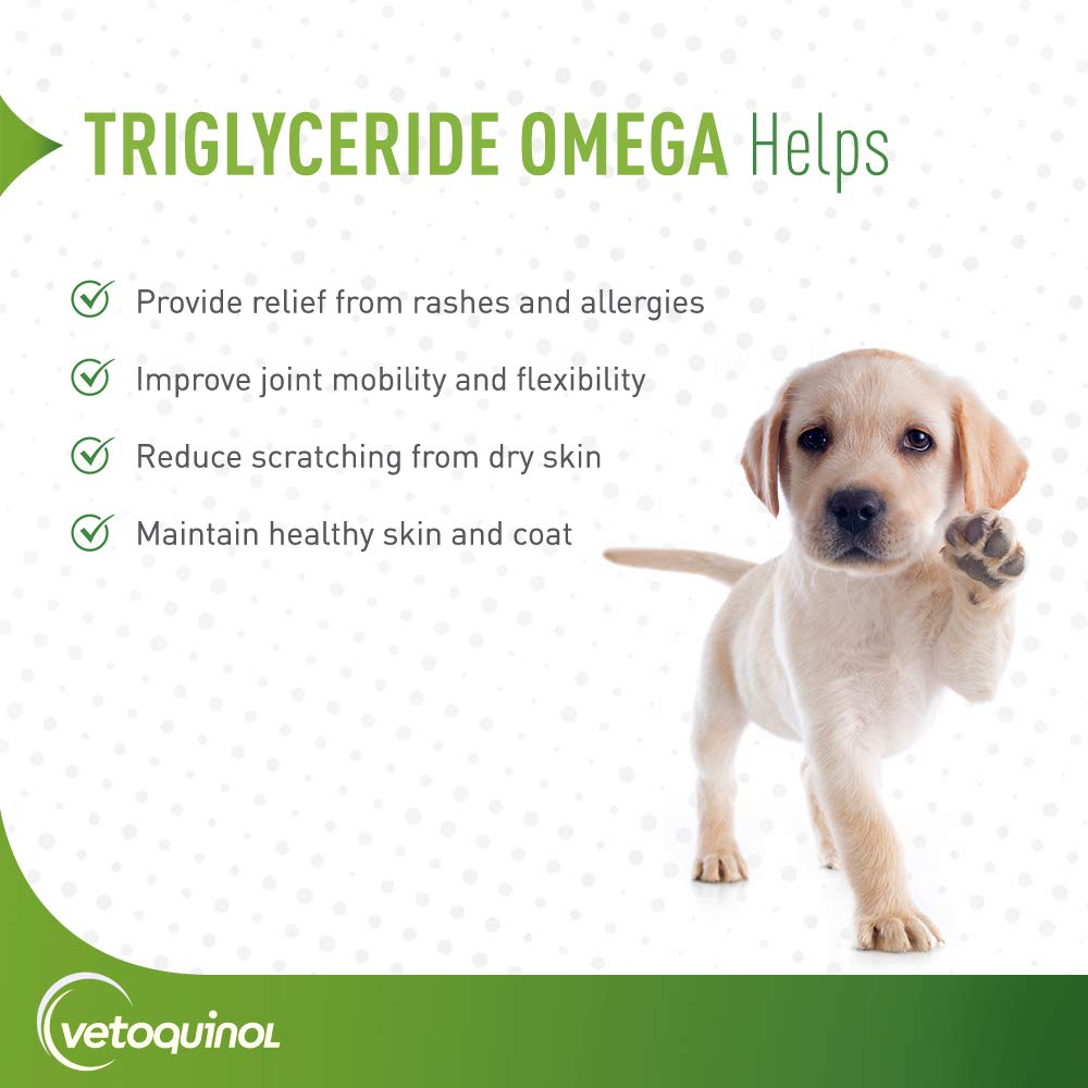 Vetoquinol Triglyceride Omega-3 bottle highlighting skin and coat benefits for pets.