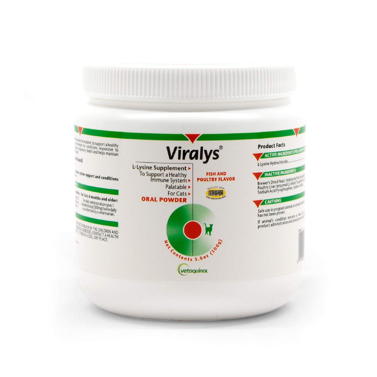 Vetoquinol Viralys powder tub closeup showing fish flavor for immune support.