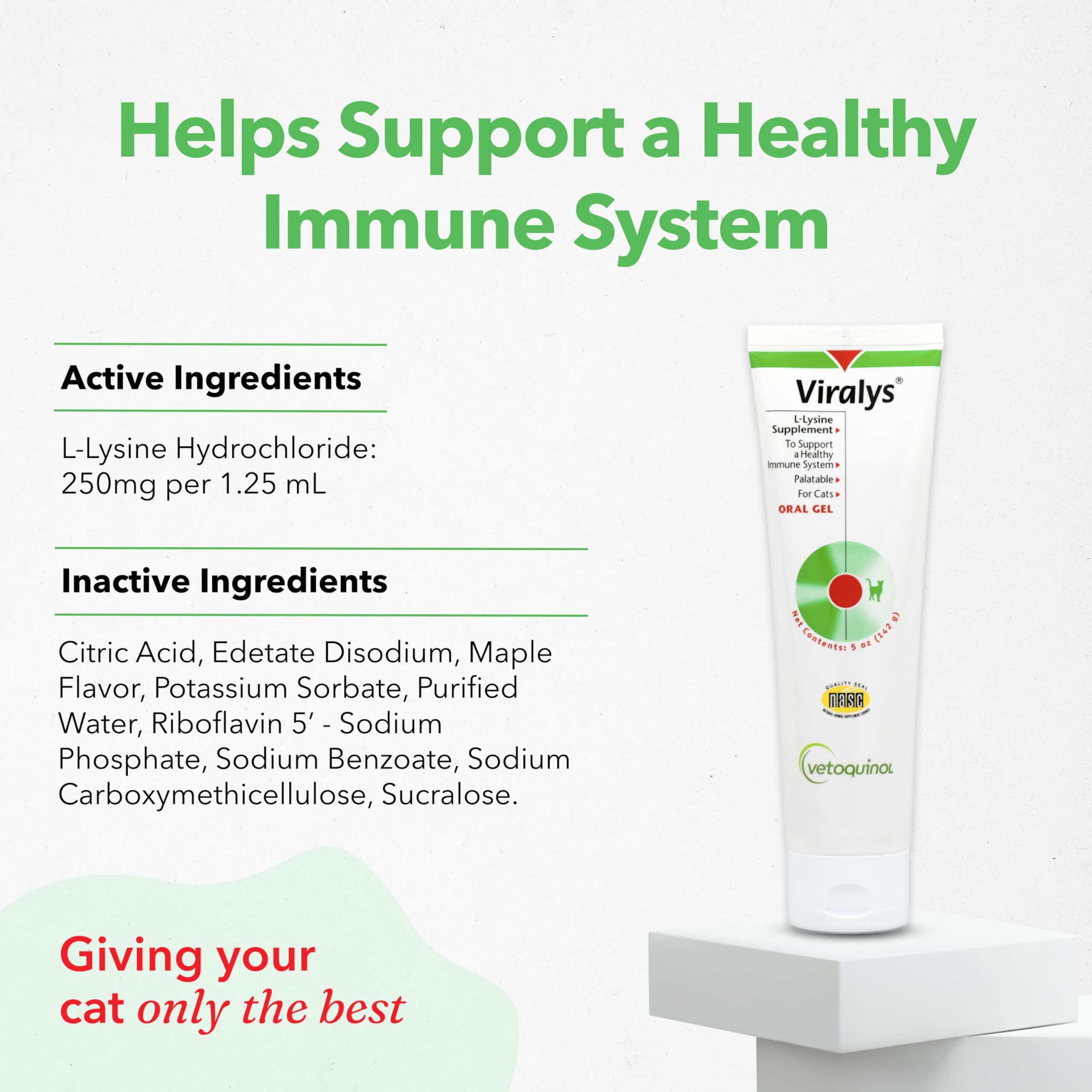 Vetoquinol Viralys lysine gel pour closeup showing safe daily dosing.