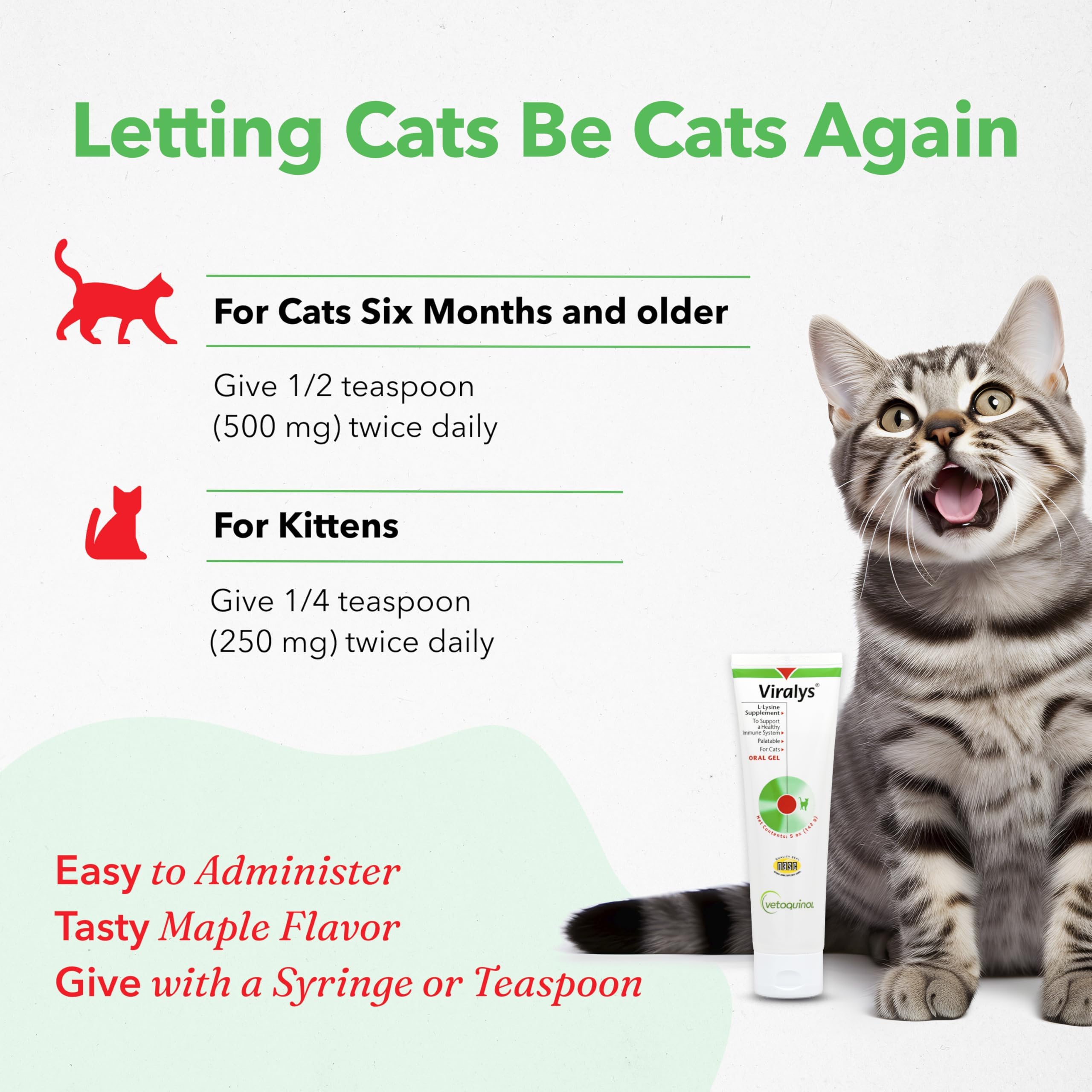 Vetoquinol Viralys lysine gel label closeup with dosage note for cats.