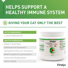 Vetoquinol Viralys powder tub with dosing scoop for easy daily lysine supplementation.