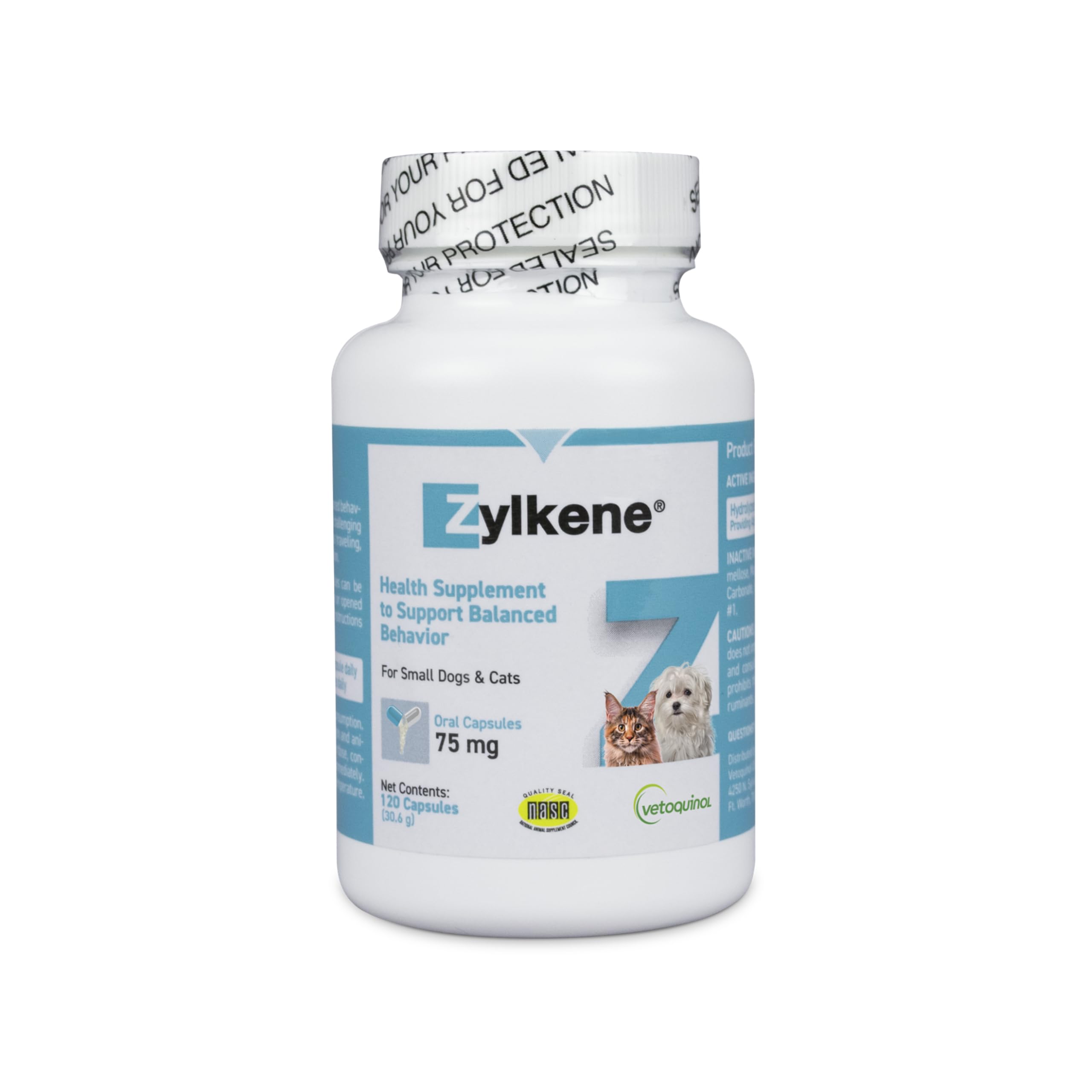 Vetoquinol Zylkene bottle front label showing daily calming support for small pets.