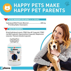 Vetoquinol Zylkene bottle label highlights lactose-free, stomach-friendly calming ingredients.