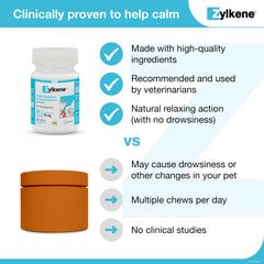 Vetoquinol Zylkene bottle packaging emphasizing lactose-free daily calming supplement.