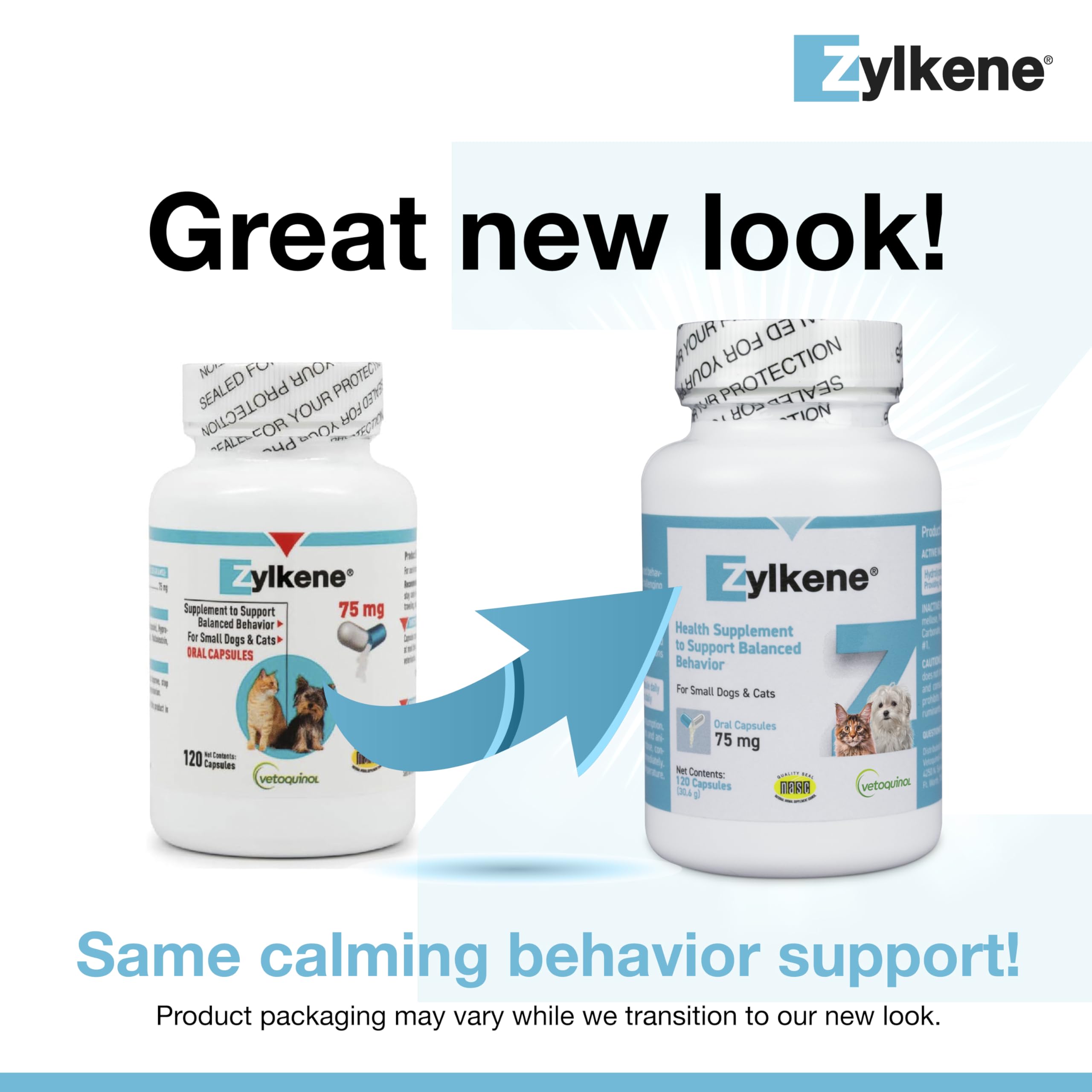 Vetoquinol Zylkene capsules closeup highlighting alpha-casozepine calming ingredient.