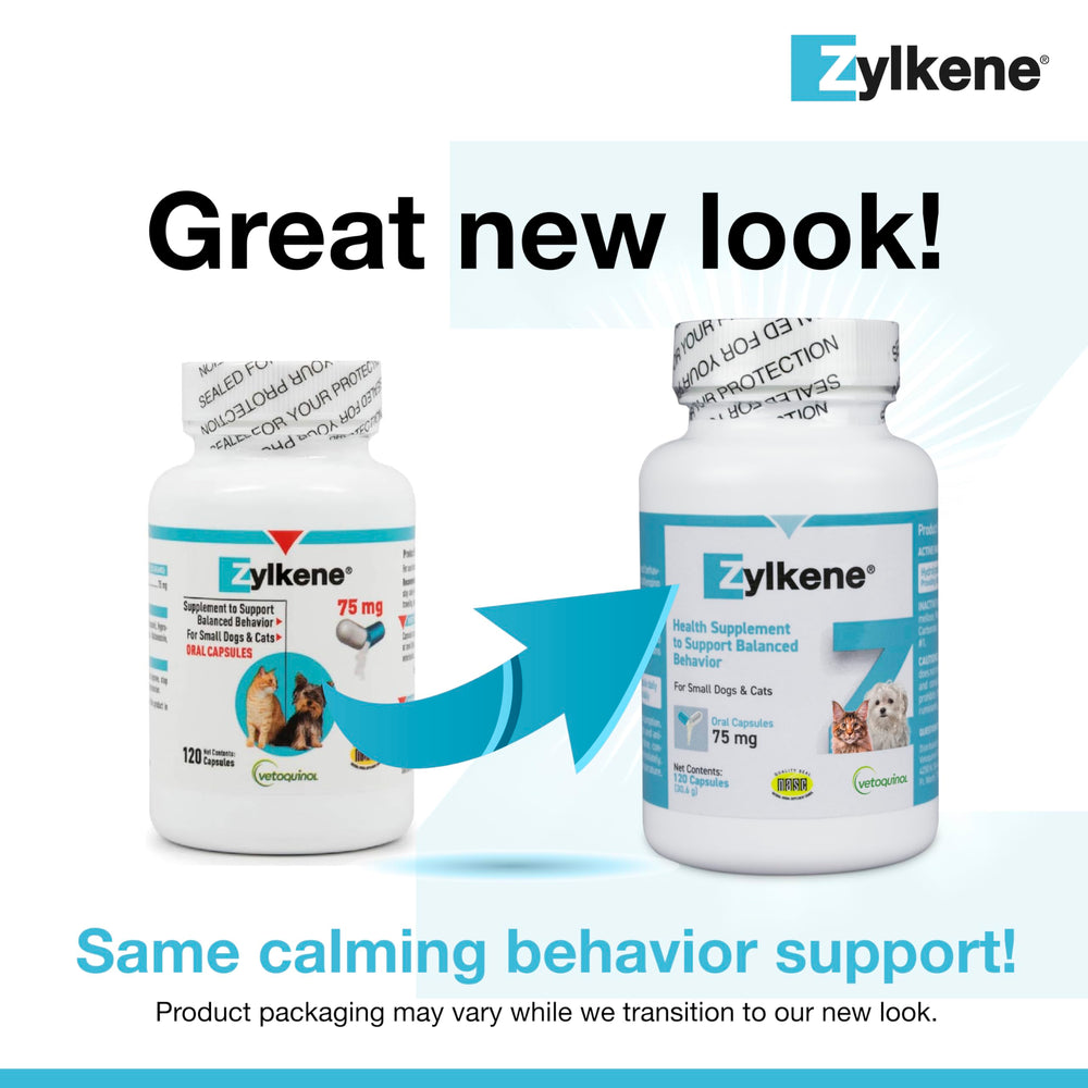 Vetoquinol Zylkene capsules closeup highlighting alpha-casozepine calming ingredient.