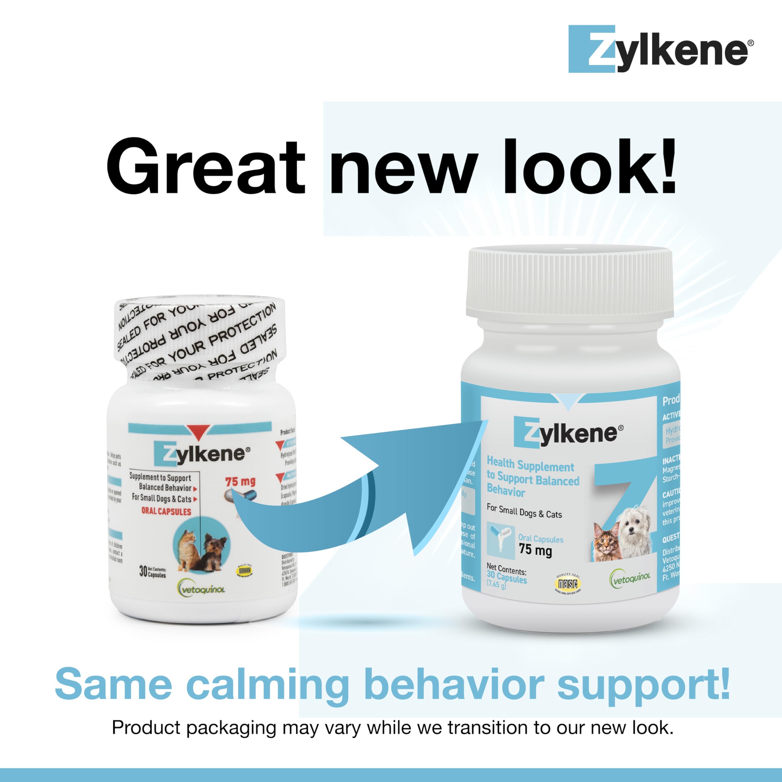 Vetoquinol Zylkene dog food mix image showing easy addition to meals for calm support.