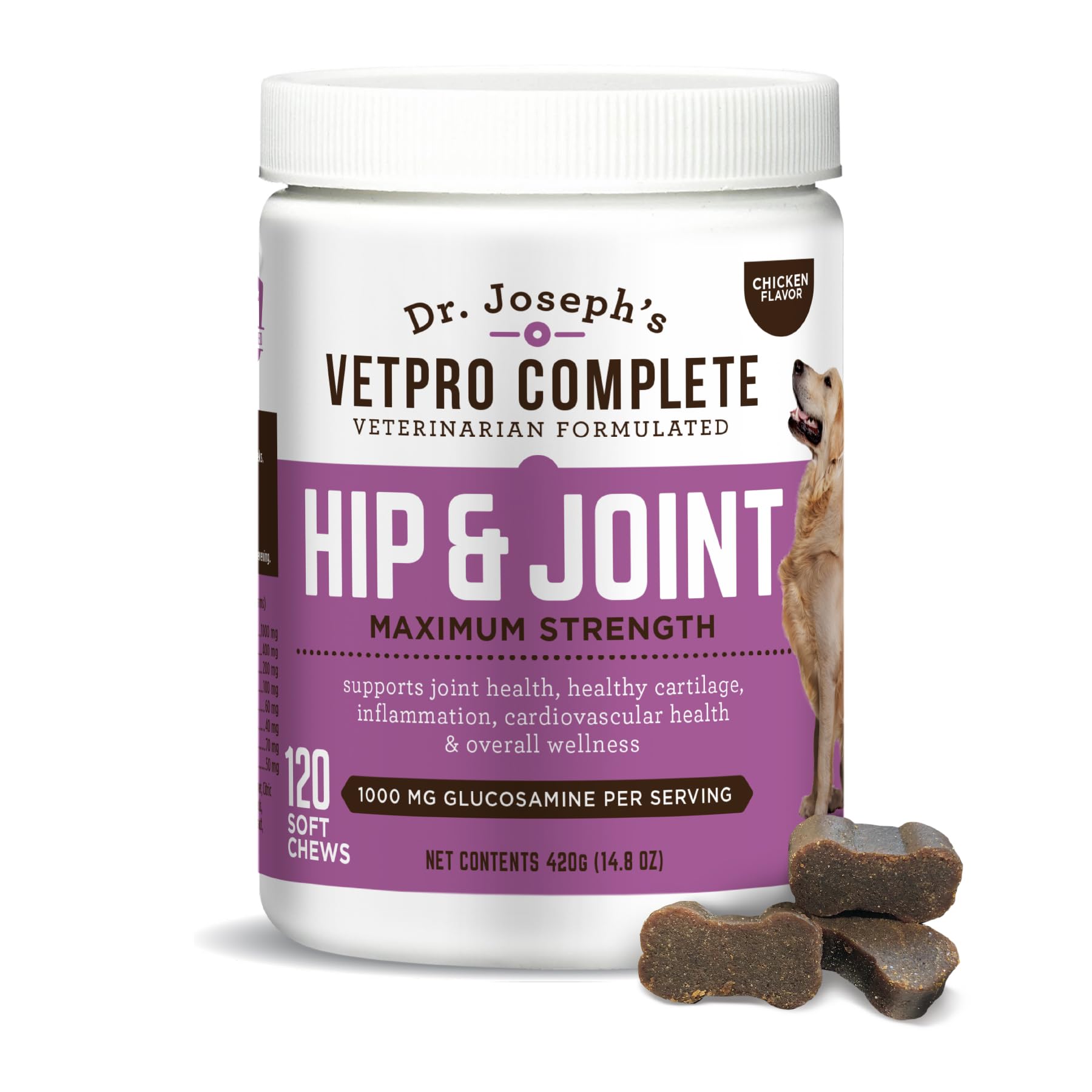 VetPro Complete bottle front shows veterinarian-backed joint support.