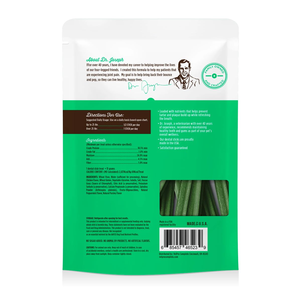 VetPro Complete Dental Sticks ingredients label highlighting spirulina and parsley for dental plus aroma.