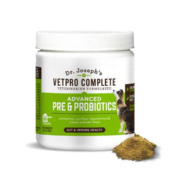 VetPro Complete bottle shows dog probiotics for gut health support.
