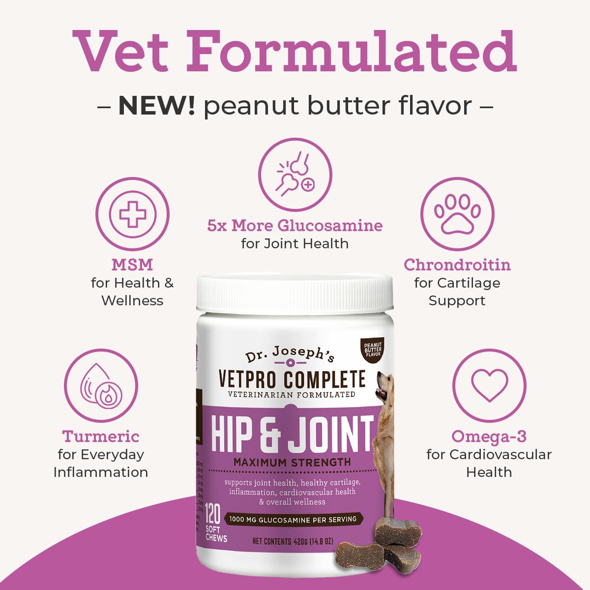 VetPro Complete omega-3 enriched chews bottle indicating heart and coat benefits