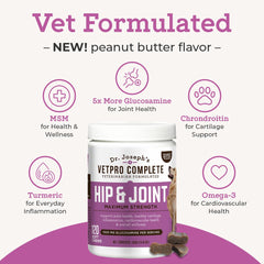 VetPro Complete omega-3 enriched chews bottle indicating heart and coat benefits