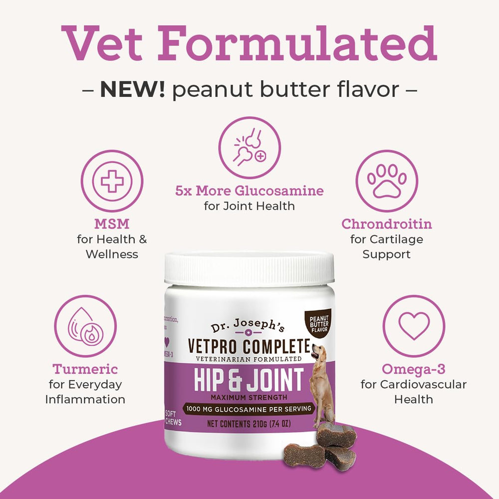VetPro Complete peanut butter chews demonstrates flavor and daily joint care during play.