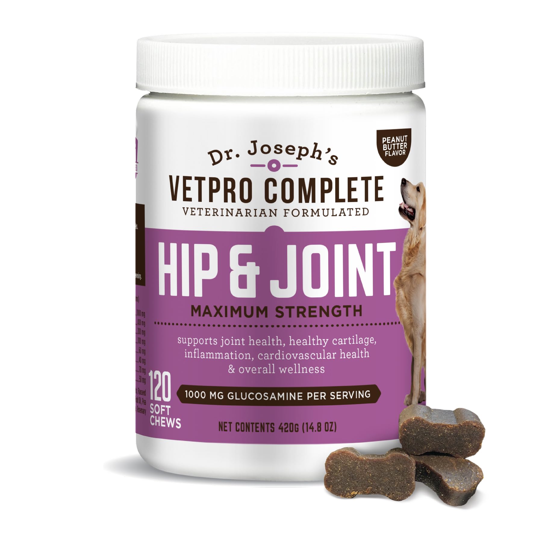VetPro Complete peanut butter hip joint dog chews box promoting joint support