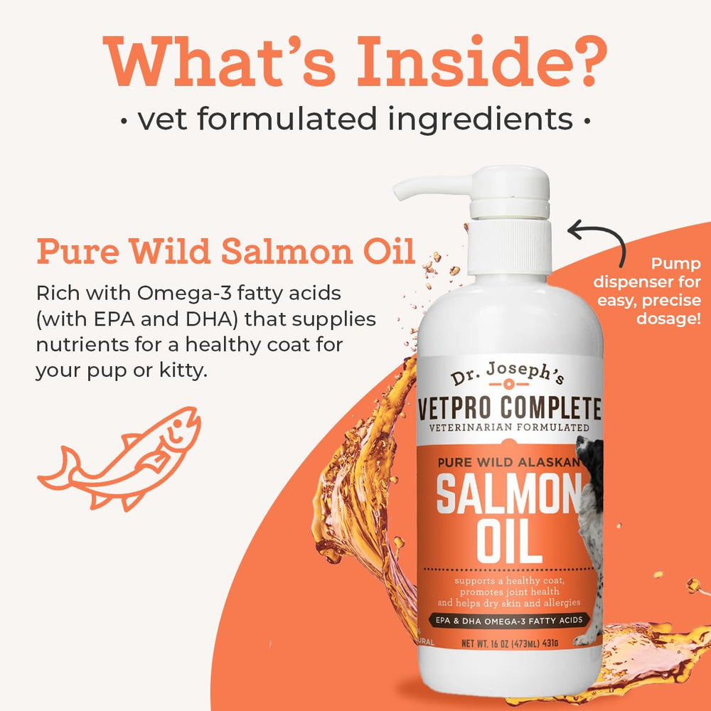 VetPro Complete salmon oil added to pet food for easy mealtime nutrition.