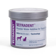 Vetradent powder water additive bottle closeup showing easy dosing for pets.