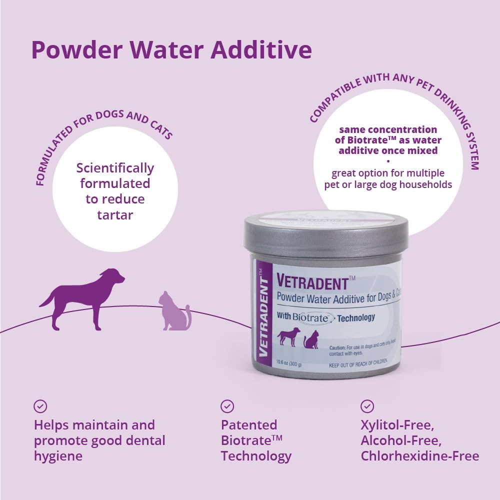 Vetradent powder water additive in dog water bowl for daily dental care.