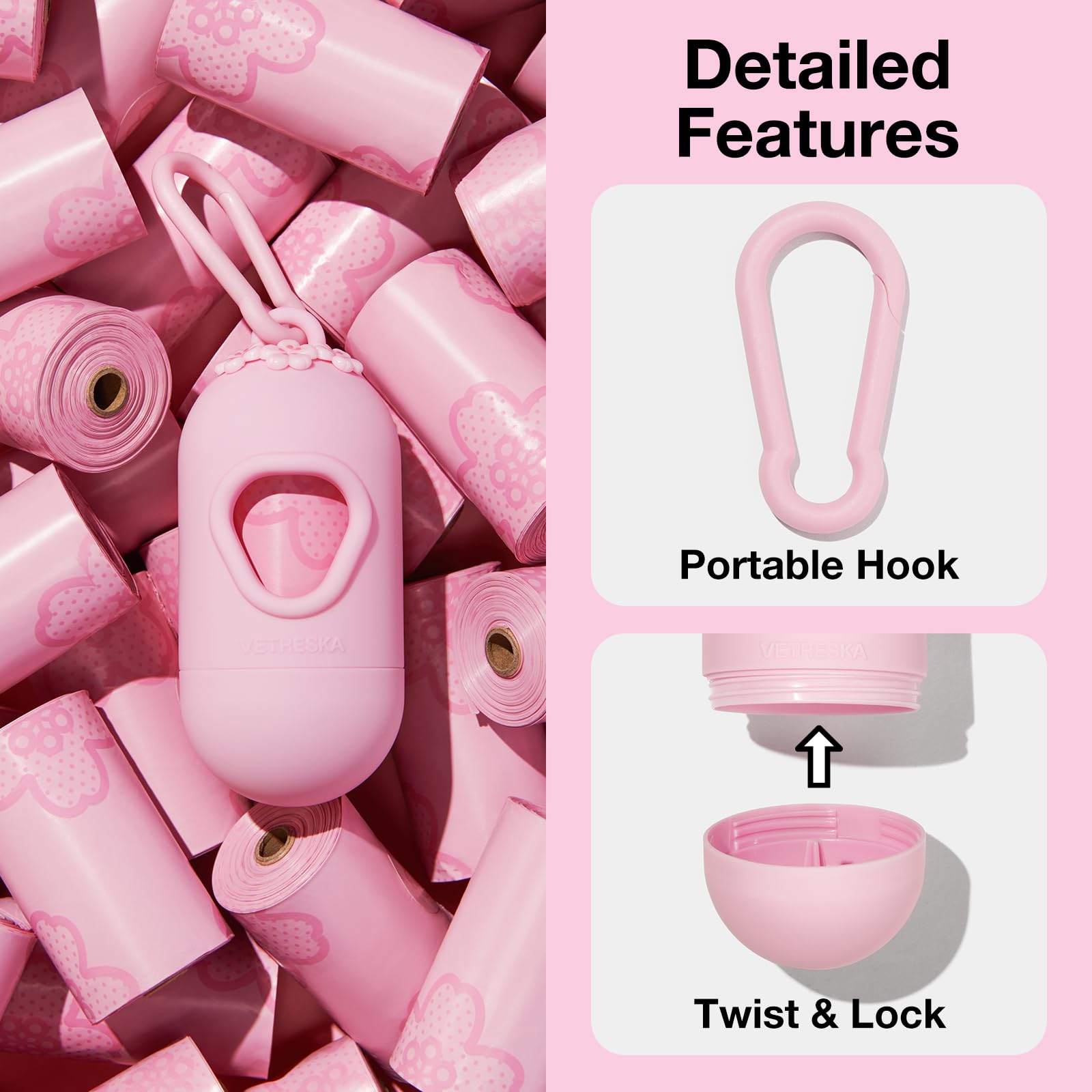 VETRESKA dispenser clip leash demonstrates easy, secure attachment during walks.