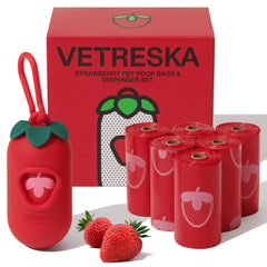 VETRESKA dog poop bag dispenser with strawberry scented bags in red for outdoor use and odor control.