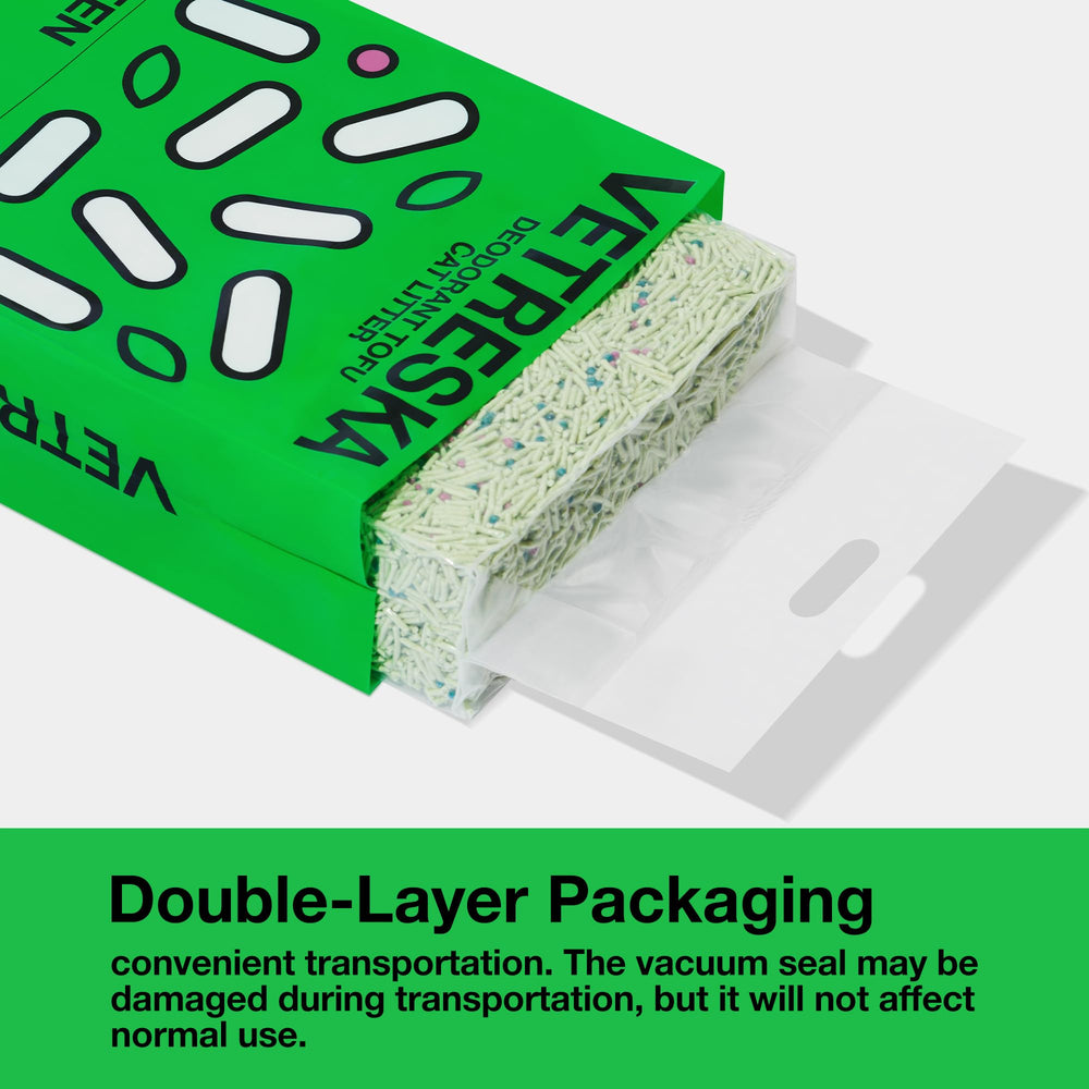 VETRESKA Tofu Cat Litter provides 5x absorption for odor and waste handling.