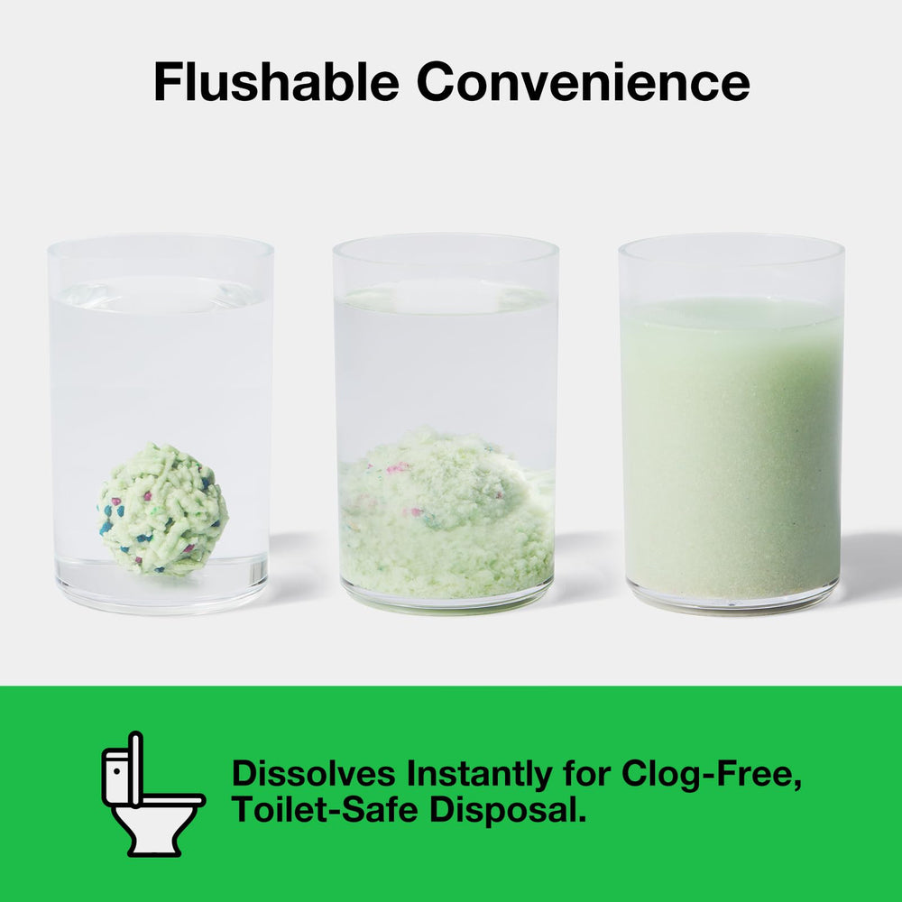 Vetreska Tofu Cat Litter dissolves in water for flushable disposal.