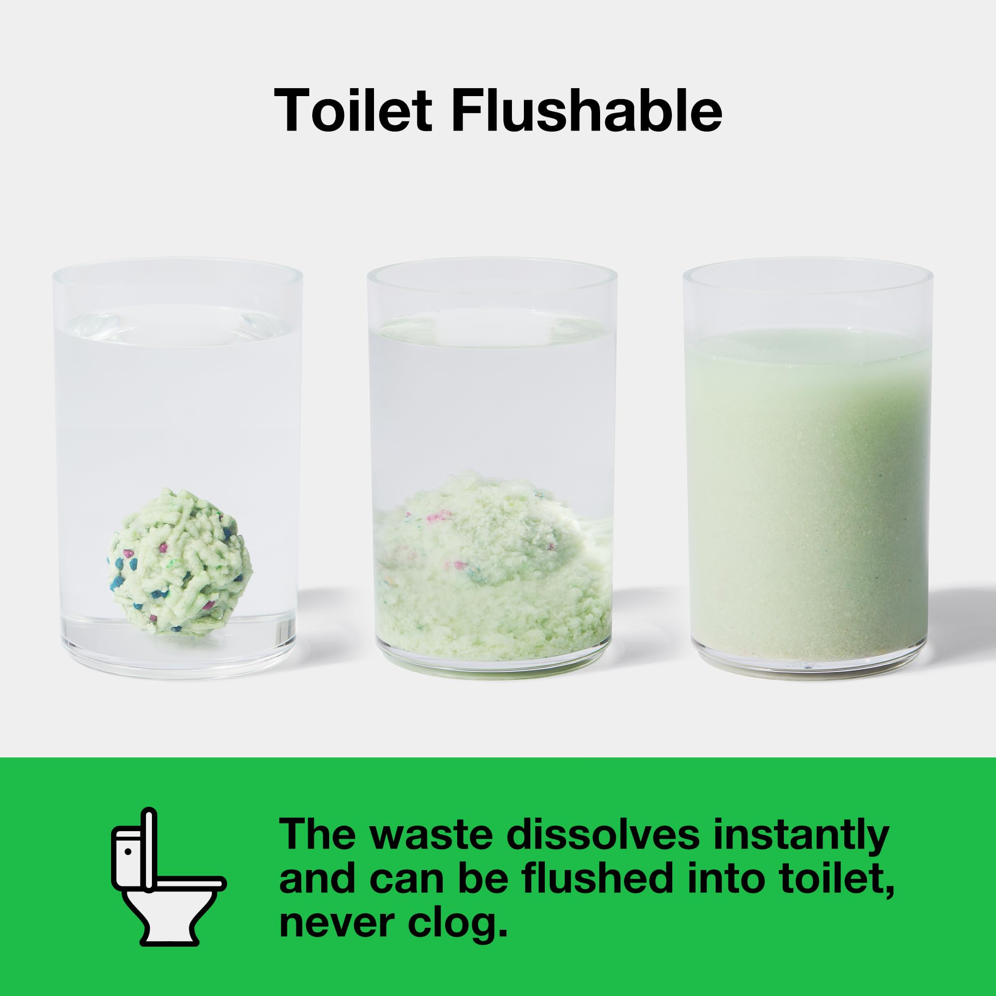 VETRESKA Tofu Cat Litter shows flushable design with rapid water dissolution.