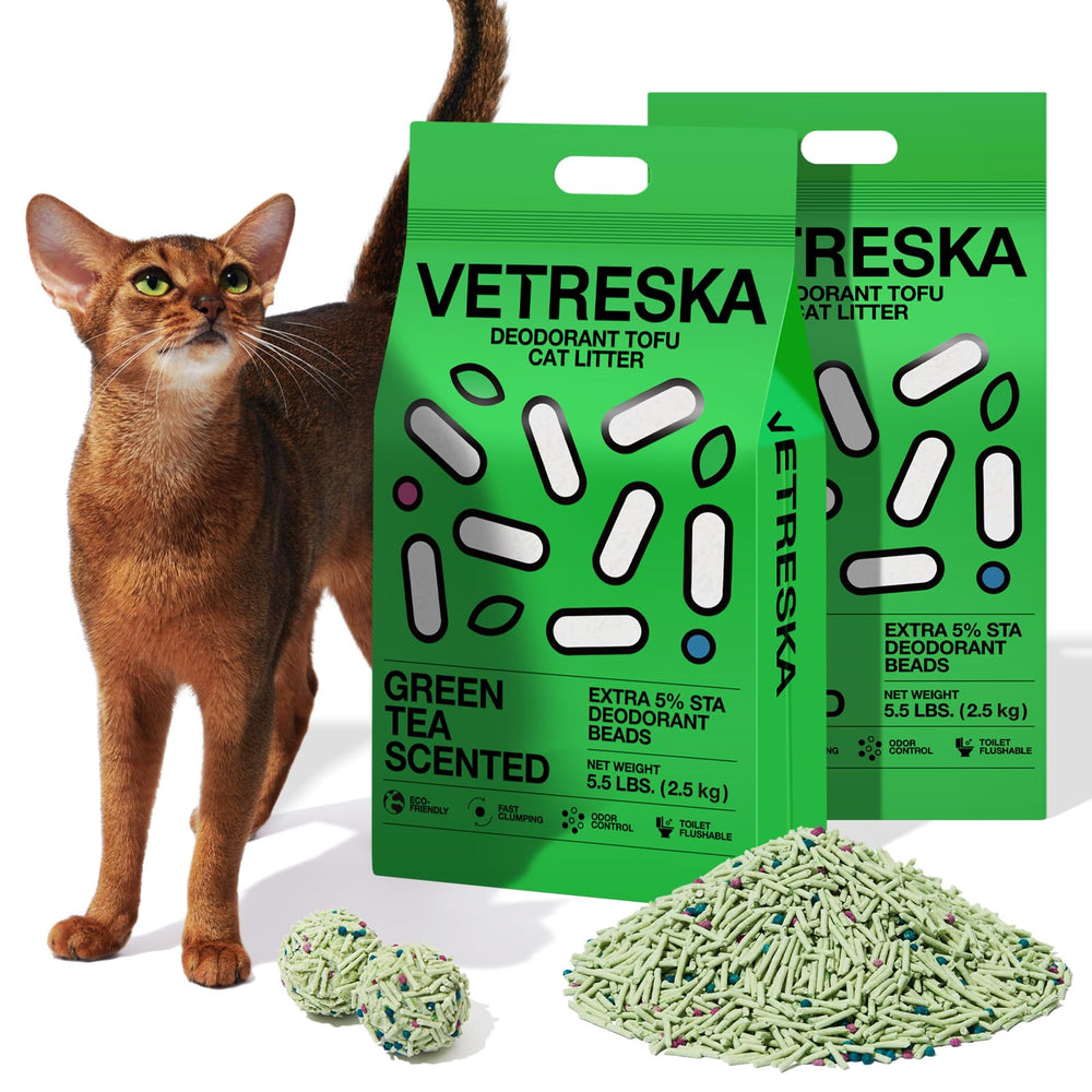 Vetreska Tofu Cat Litter packaging highlights eco-friendly design and storage convenience.