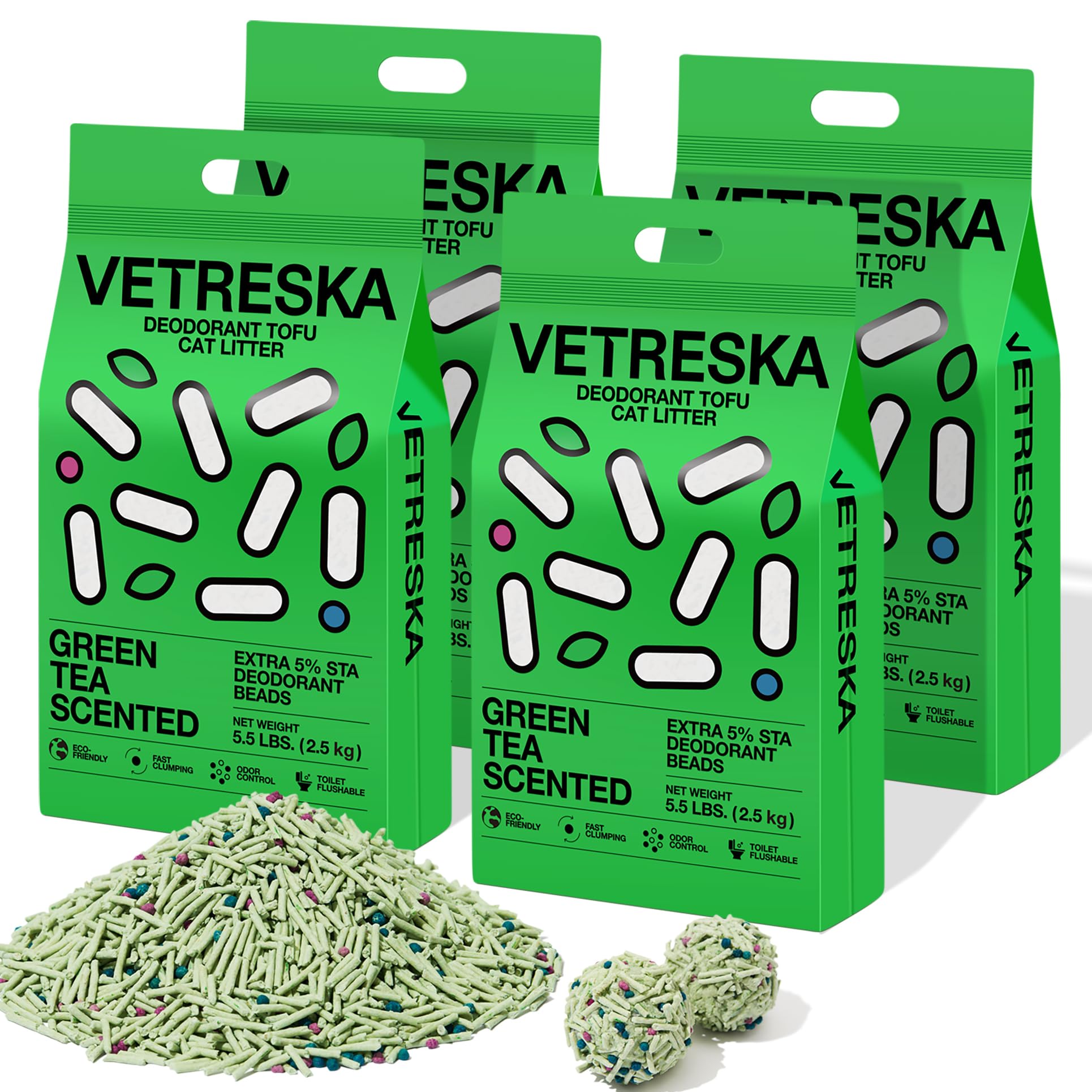 VETRESKA Tofu Cat Litter greentea packaging highlights eco-friendly, flushable formula.
