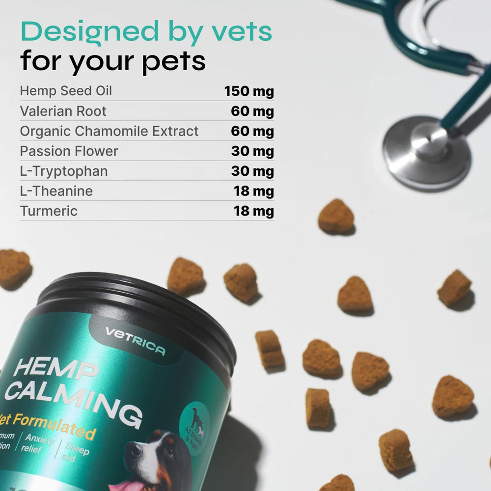 Vetrica calming chews bottle close-up highlights natural ingredients on label